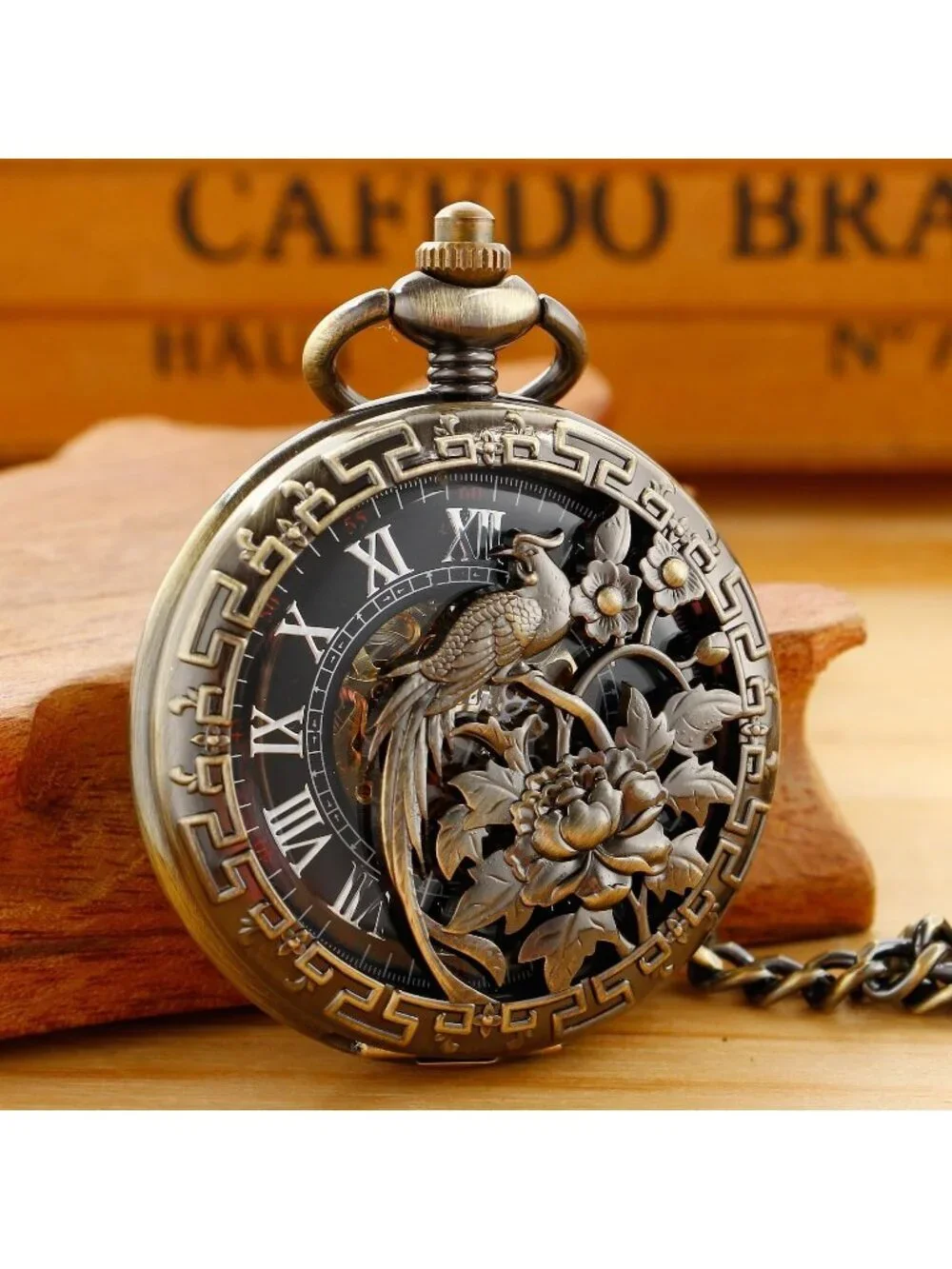 Men's Gold Bronze Bird Skeleton Roman Numerals Hollow Mechanical Pocket Watch